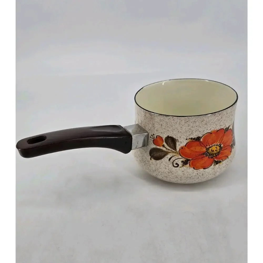 MCM Orange Flower Sanko Ware Pouring Sauce Pan Show Pans Enamel Cookware 1970s